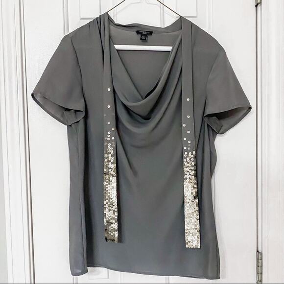 ANN TAYLOR • Petite Olive + Gold Sequins Tie Neck Top - Picture 1 of 6